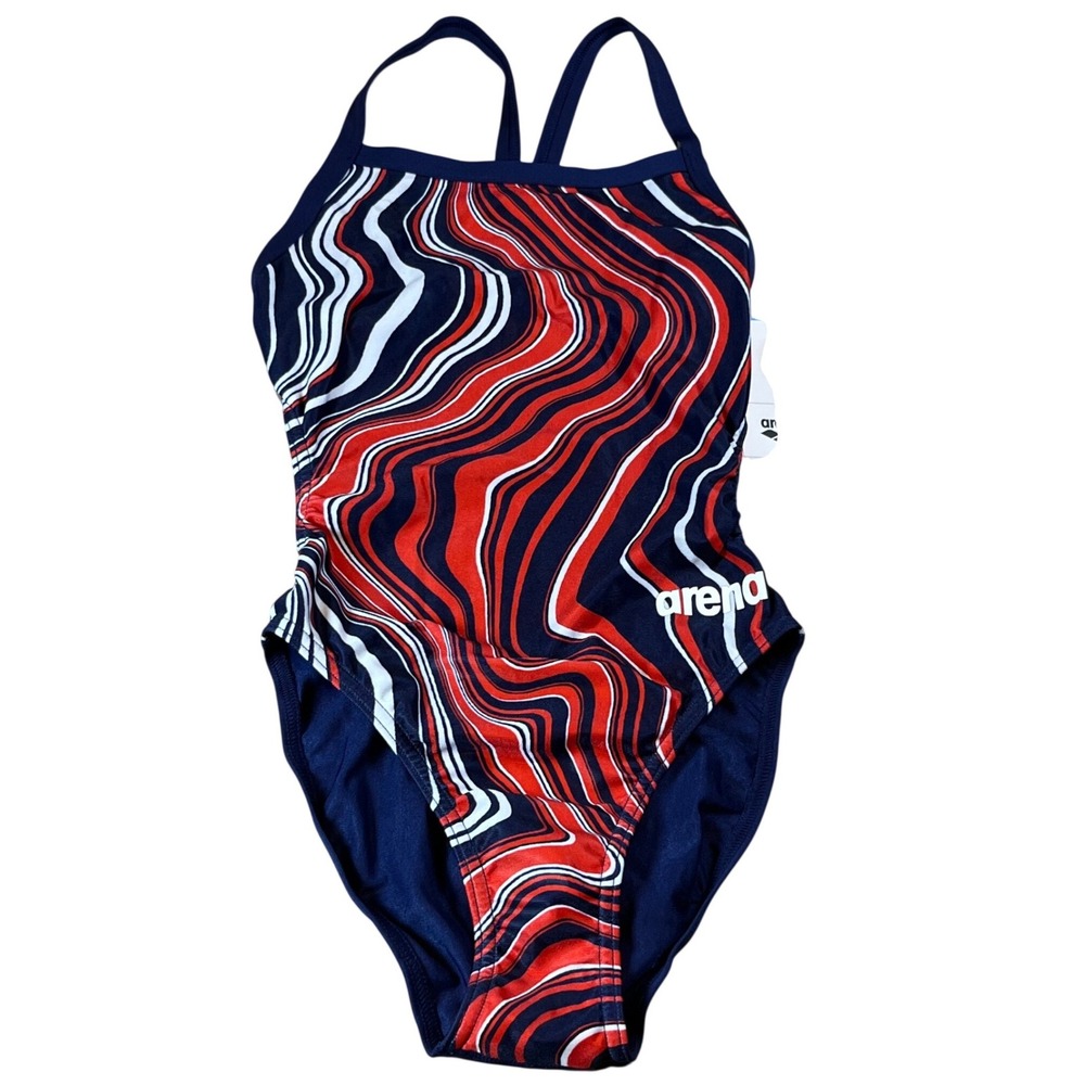Arena Challenge Back Marbled Swimsuit Navy Red Multi One Piece Training Size 24